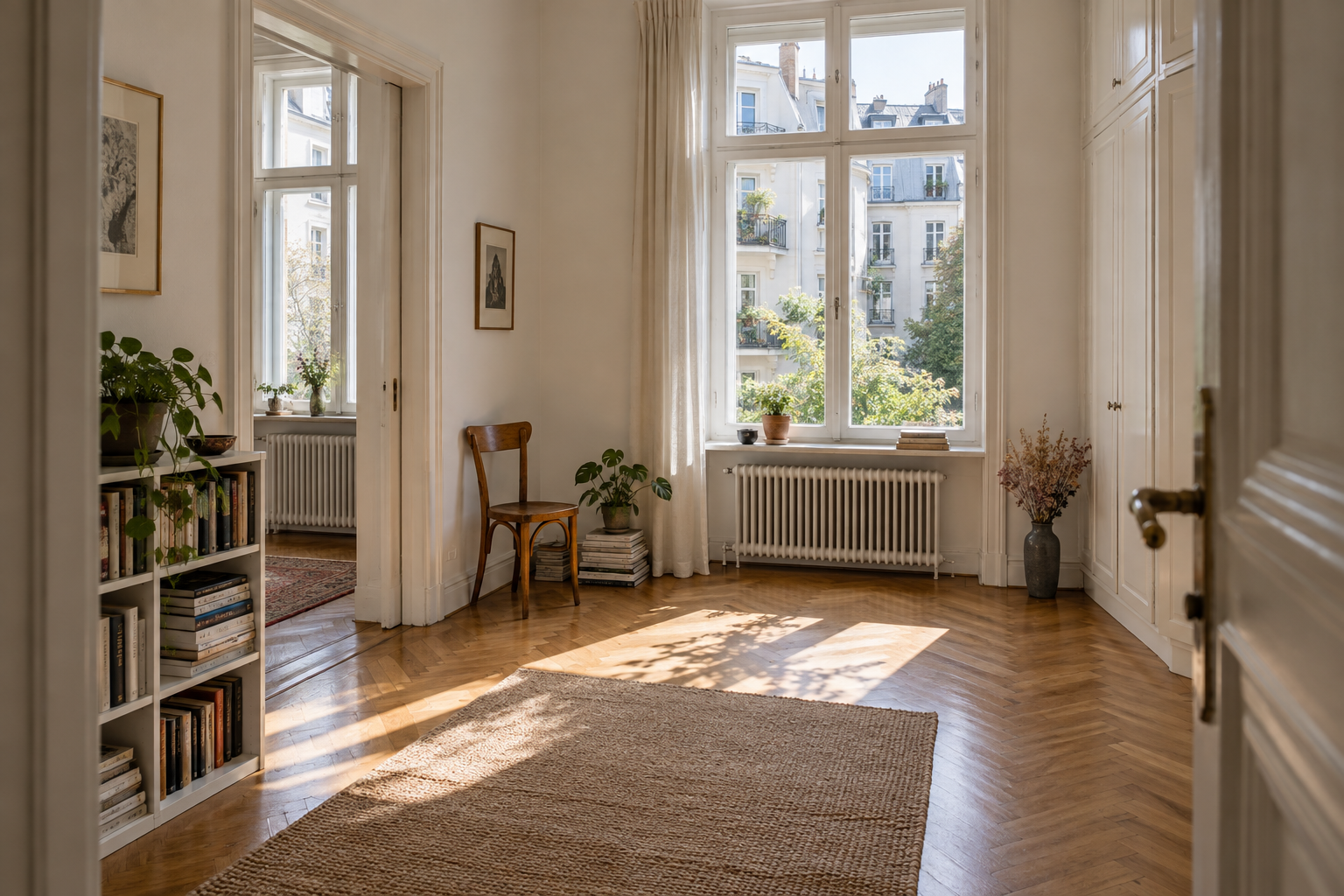 Heller Wohnraum einer Stadtwohnung mit hohen Fenstern und Parkettboden